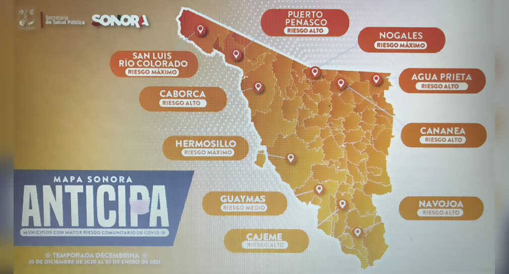 Hermosillo, San Luis Río Colorado y Nogales en riesgo máximo de contagios por covid Mapa Hermosillo, San Luis Río Colorado y Nogales en riesgo máximo de contagios por covid Mapa