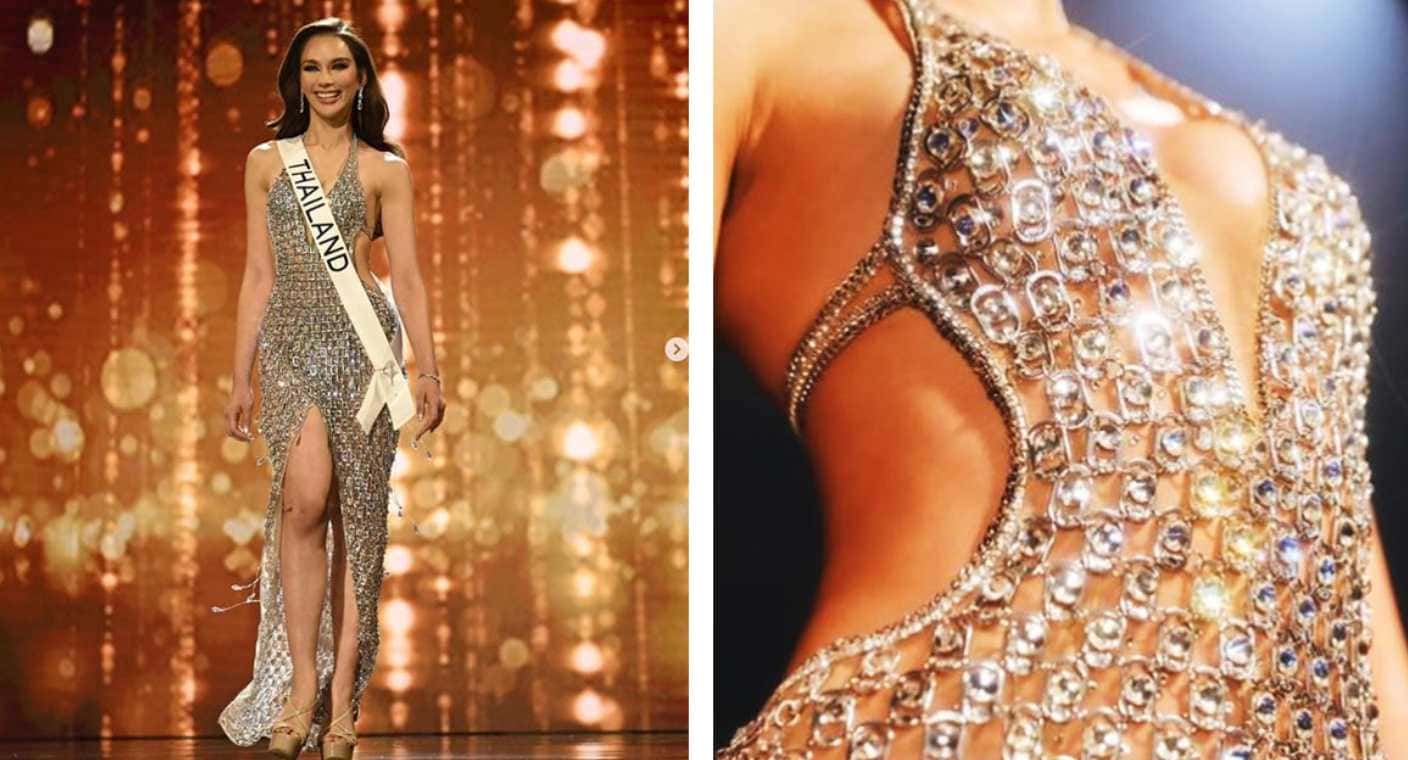 Miss Tailandia conmemora a su familia al usar vestido de gala hecho con fichas de lata