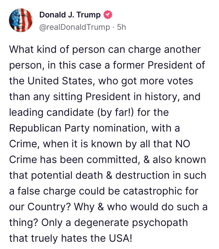 Trump advierte "potencial muerte y destrucción" si es imputado - mensaje-de-trump-en-truth-social-901x1024