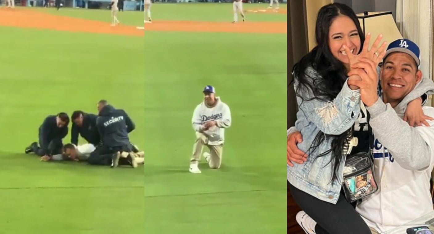 Después de ser tacleado, fan recibe el “sí” tras propuesta de matrimonio en estadio de los Dodgers (VIDEO)