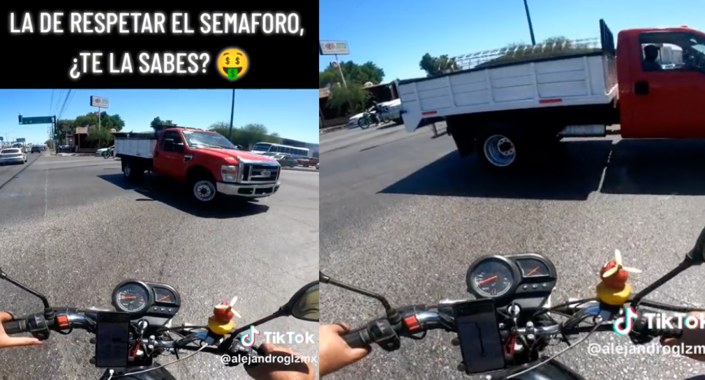 Motociclista capta el momento donde casi choca contra auto de carga que no respetó semáforo, en Hermosillo (VIDEO)