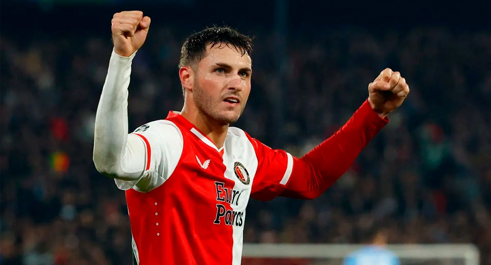 Santi Giménez mete par de goles en su debut de Champions League con el Feyenoord