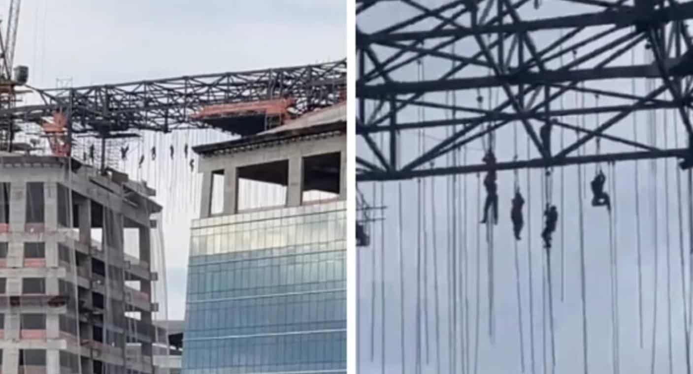 Captan a trabajadores suspendidos en el aire tras colapsar andamio, en Brasil