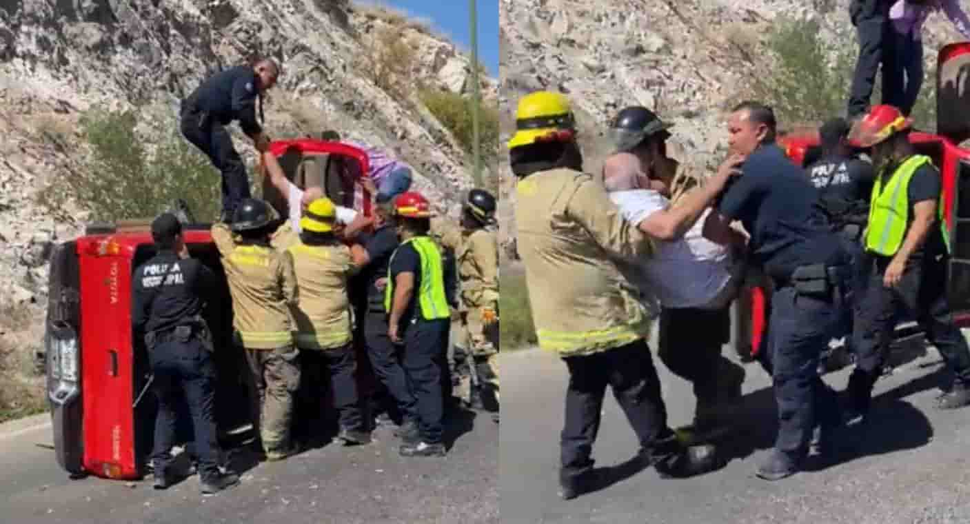 Bomberos y policías de Hermosillo rescatan a hombre de 63 años al quedarse atrapado en auto tras volcarse