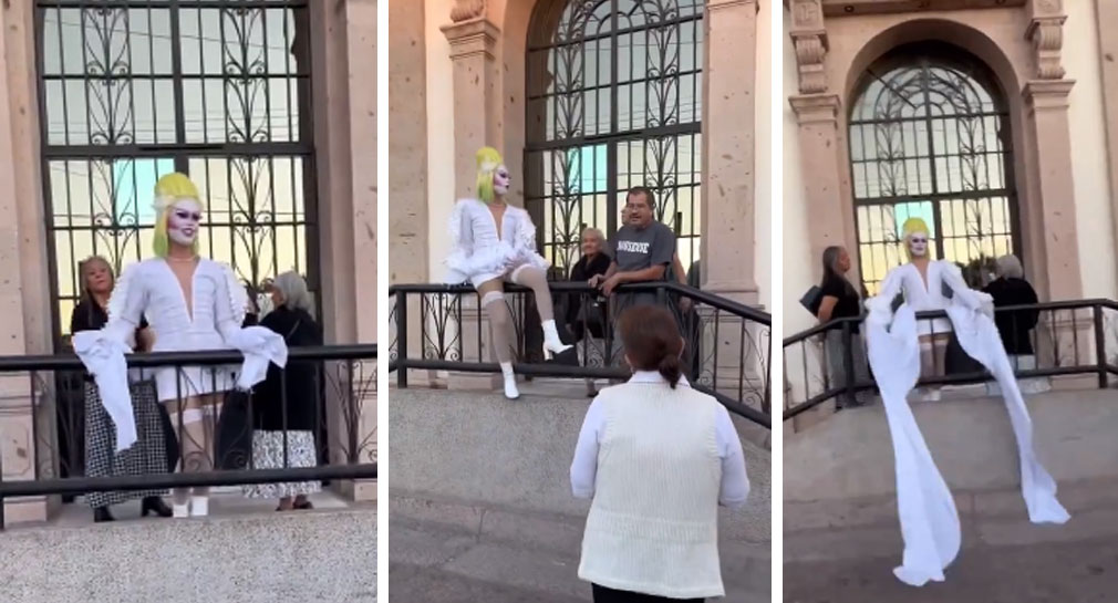 (VIDEO) Católicos intentan quitar a persona vestida en drag que se tomaba fotos afuera de iglesia en Ciudad Obregón