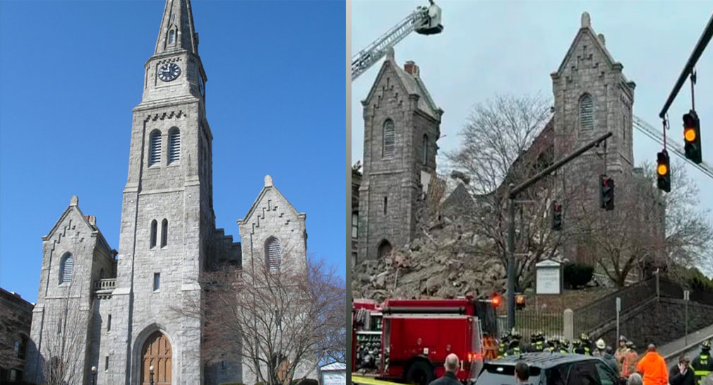 Captan en VIDEO momento en que colapsa torre de una iglesia en EEUU