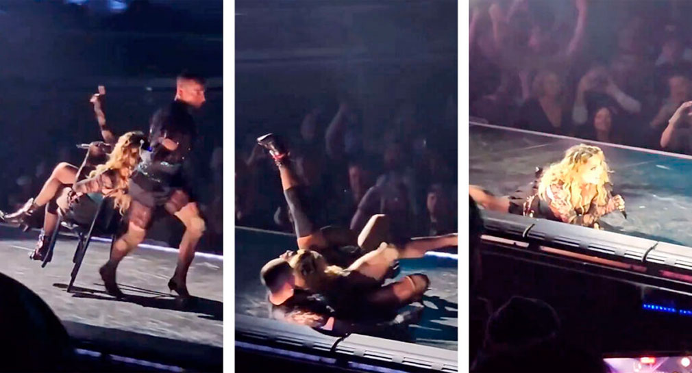 Bailarín tumba a Madonna durante concierto, la cantante lo toma con humor