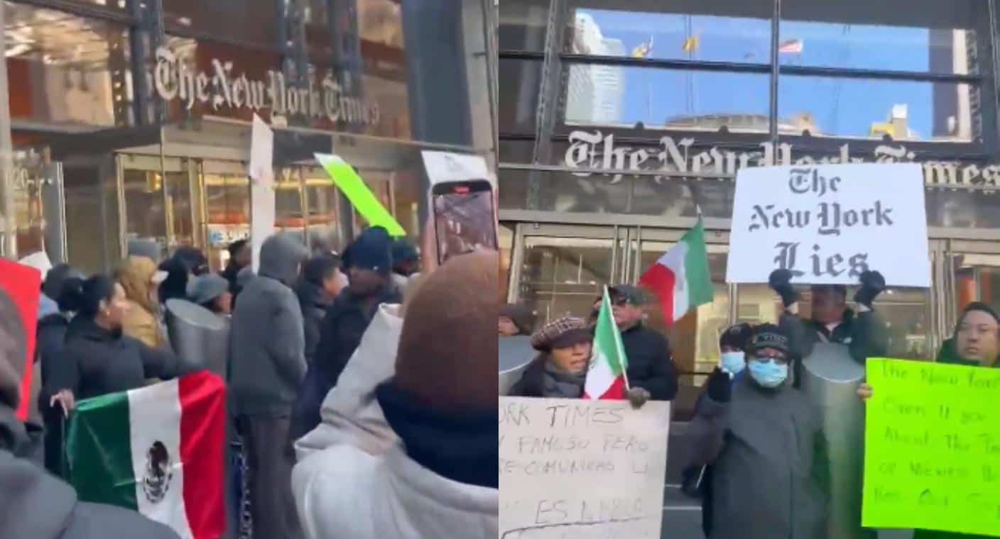 Se manifiestan simpatizantes de Morena frente a oficinas de NYT por reportaje de AMLO