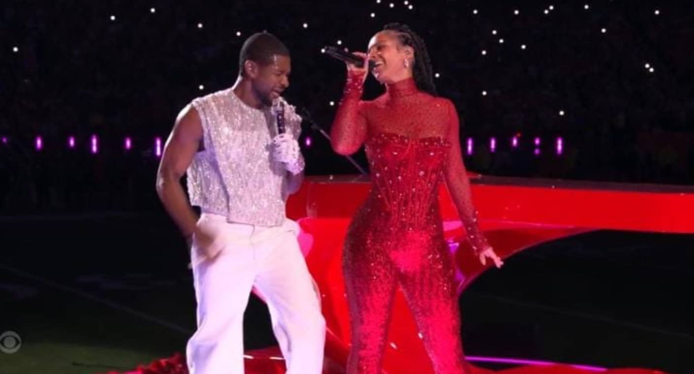 Usher llega acompañado de Alicia Keys y Ludacris al show de medio tiempo en el Super Bowl 58