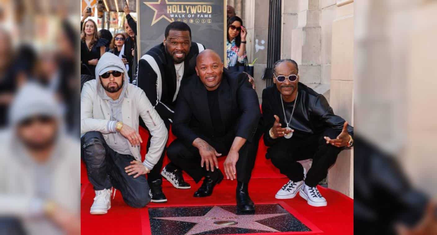Dr Dre recibe su estrella en el Paseo de la Fama de Hollywood acompañado de Snoop Dogg, 50 Cent y Eminem