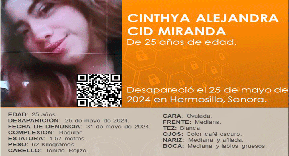 Buscan a joven Cinthya Miranda de 25 años, vista por última vez en Hermosillo el 25 de mayo