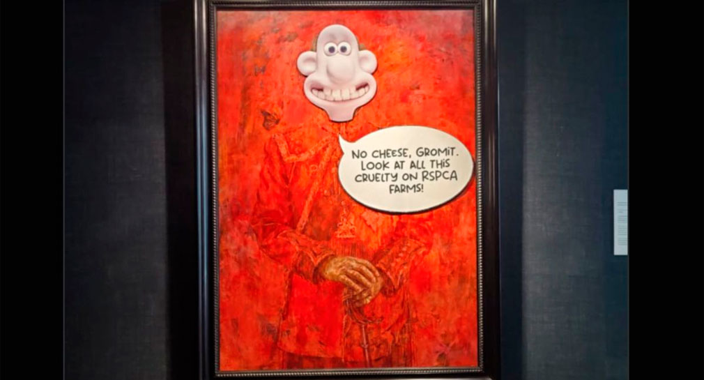 Activistas vandalizan imagen del rey Carlos II con ‘Wallace y Gromit’ para protestar por crueldad animal