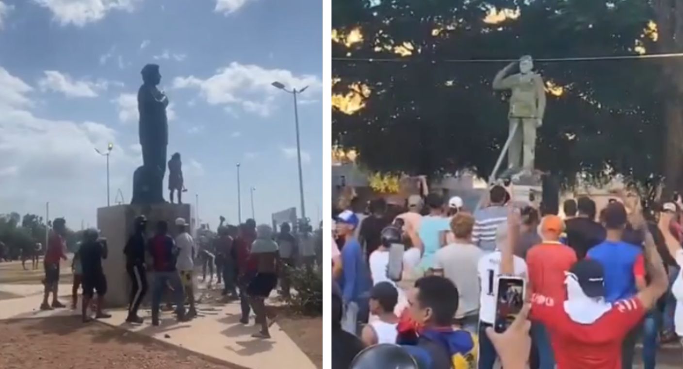 Derriban estatuas de Hugo Chávez manifestantes venezolanos tras triunfo de Nicolás Maduro