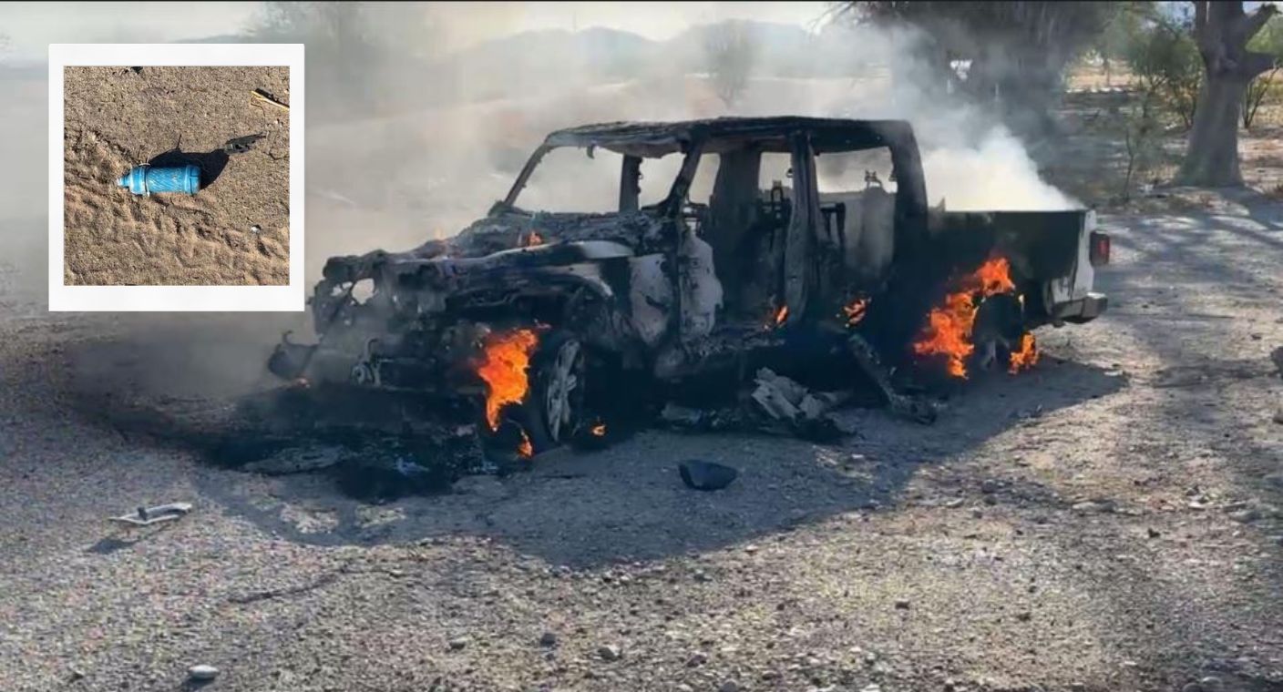 Hallan vehículo incendiado y explosivos sin detonar en carretera de Caborca
