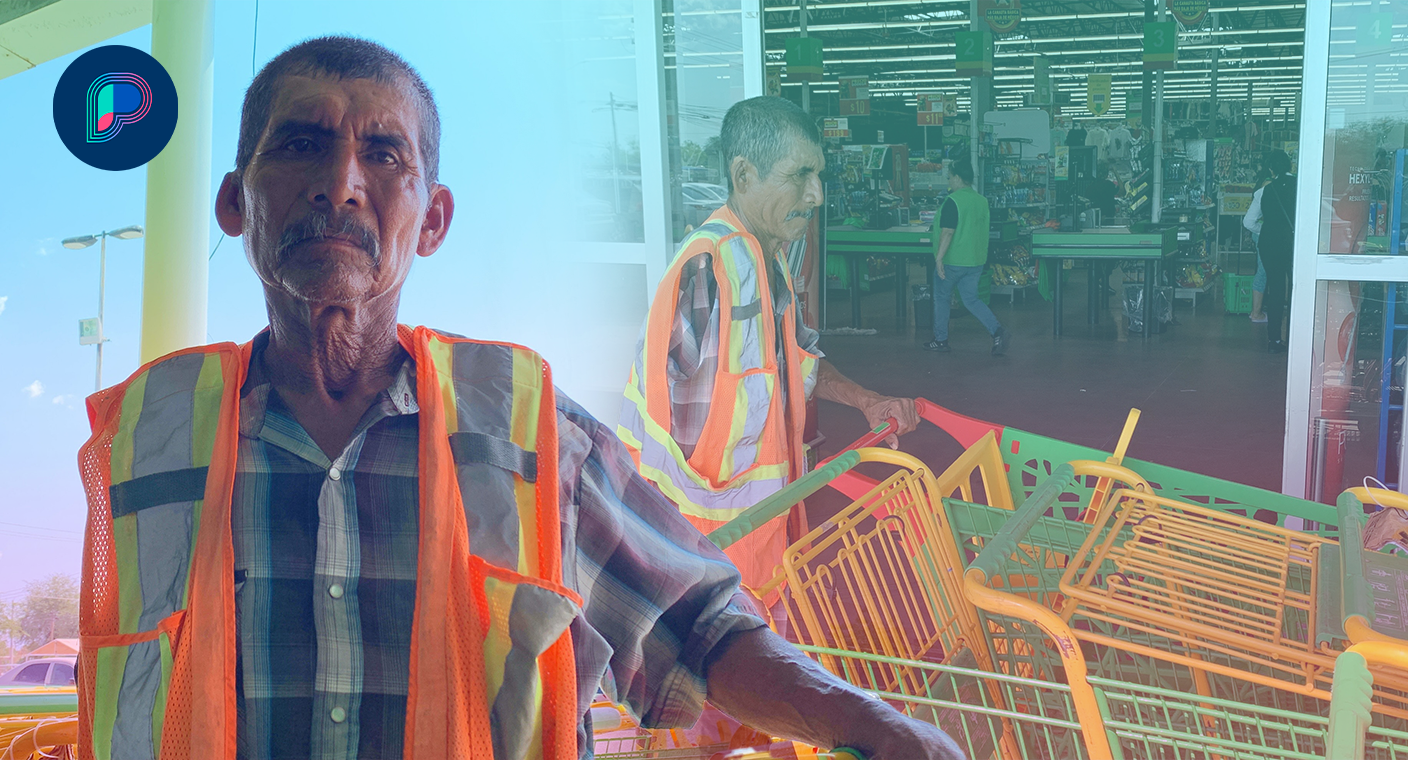 Hernán Torres de 60 años trabaja acomodando carritos con un solo brazo para sostener a su familia en Hermosillo