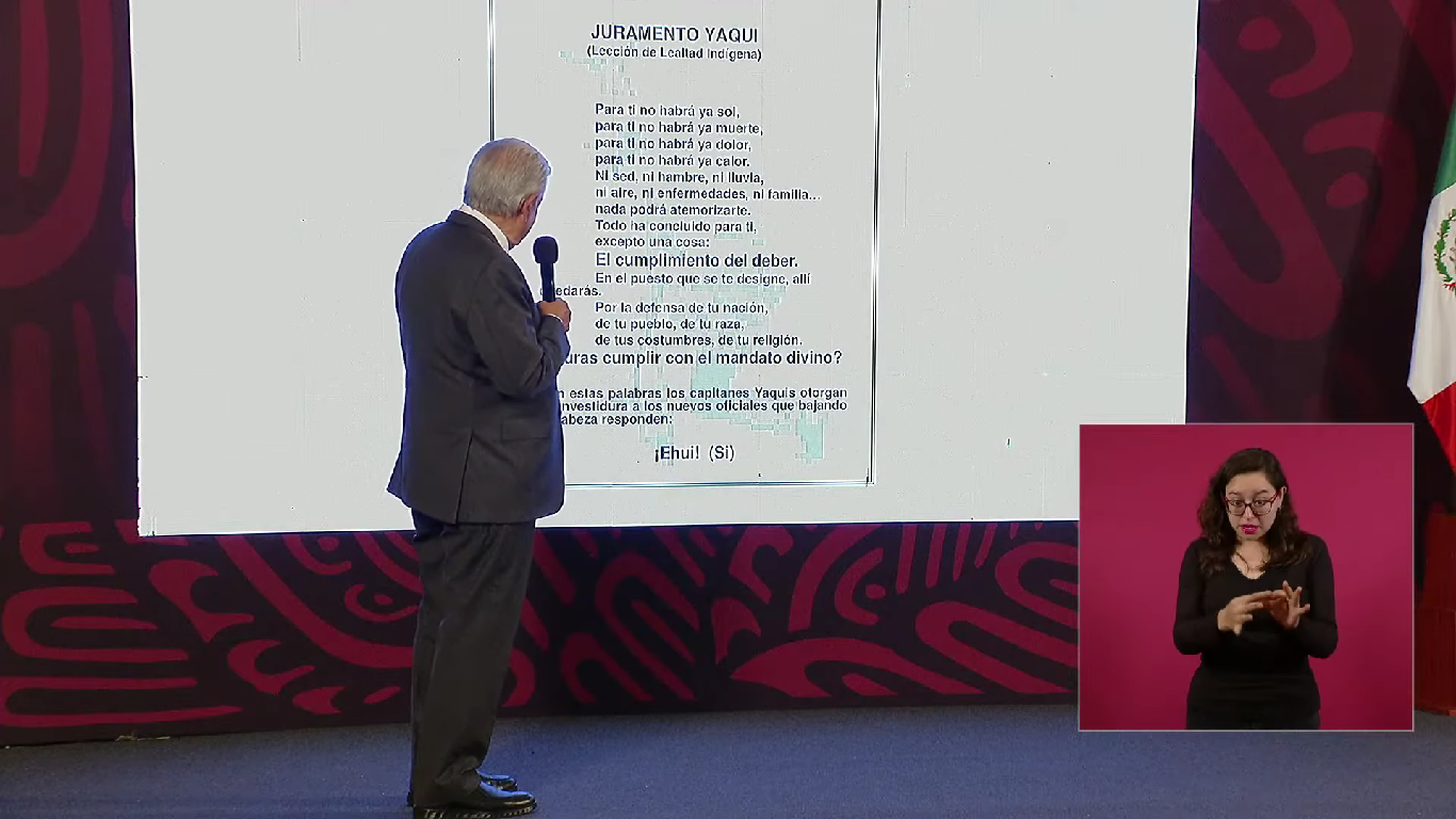 AMLO lee el ‘Juramento Yaqui’ en la ‘mañanera’