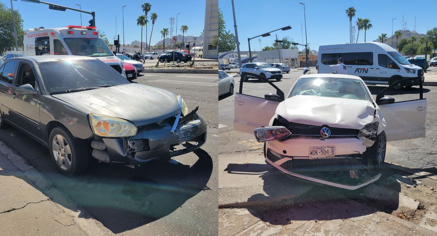 Choque triple en bulevar Encinas y Pino Suárez en Hermosillo deja dos lesionados