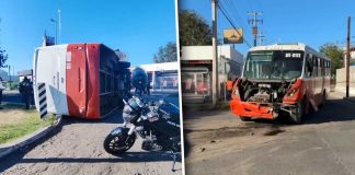 Vuelca camión tras chocar contra otra unidad en el Centro de Hermosillo: 5 pasajeros resultan heridas