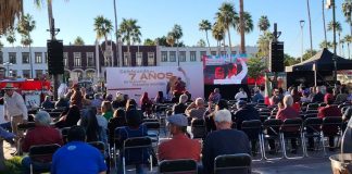 Celebran morenistas 7 años de la 4T en Plaza Emiliana de Zubeldía en Hermosillo: evento registra poca asistencia