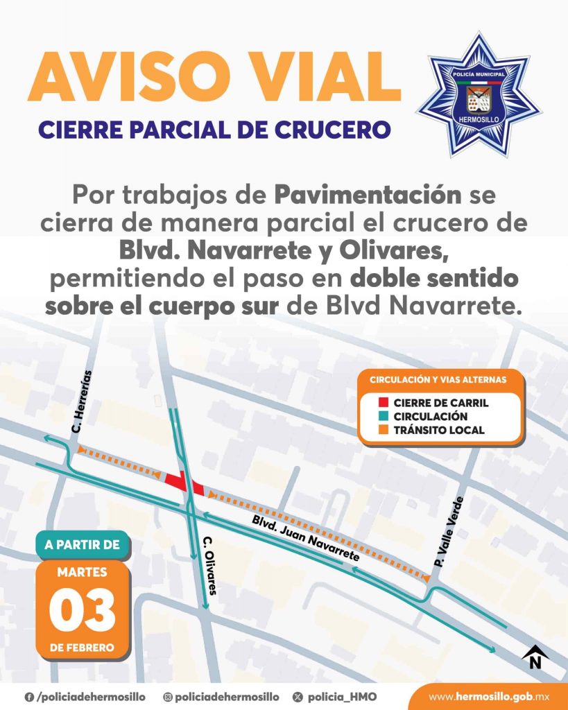 Trabajos de rehabilitación en el crucero de los bulevares Navarrete y Olivares en Hermosillo, donde autoridades realizan obras con cierres parciales y ajustes a la circulación vehicular.