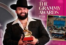 Carín León celebra su victoria en los Grammy 2026, ganador del premio a Mejor Álbum de Música Mexicana Contemporánea por Palabra de To’s (seca).