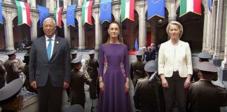 Claudia Sheinbaum recibe en Palacio Nacional a líderes de la Unión Europea para firmar acuerdo comercial