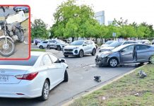 Choque múltiple deja motociclista lesionado y poste de alumbrado derribado al poniente de Hermosillo