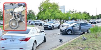 Choque múltiple deja motociclista lesionado y poste de alumbrado derribado al poniente de Hermosillo