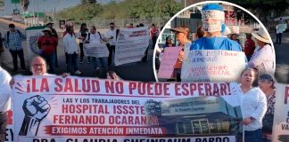 Bloquean manifestantes bulevar Morelos para denunciar malas condiciones del hospital de ISSSTE en Hermosillo, acude gobernador Durazo