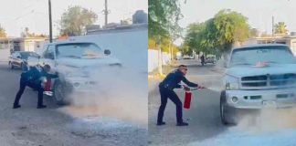 Policía sofoca incendio de una pick up con extintor de su patrulla en Hermosillo Policía sofoca incendio de una pick up con extintor de su patrulla en Hermosillo