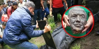 Manifestantes quitan cabeza de estatua de Felipe Calderón en Los Pinos (VIDEO)